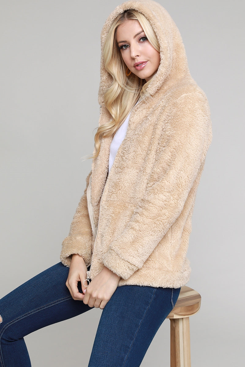 Faux fur Teddy bear zip up Cardigan hoodie jacket Taupe