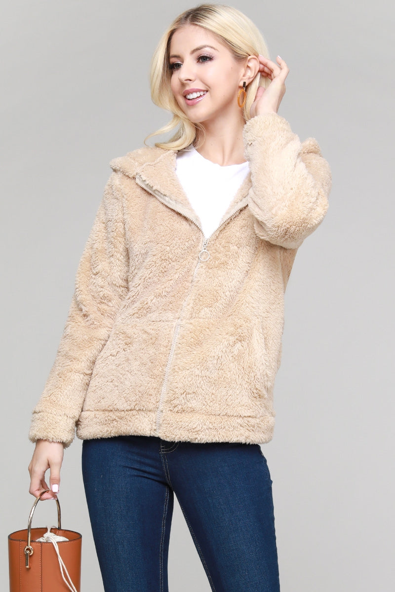 Faux fur Teddy bear zip up Cardigan hoodie jacket Taupe