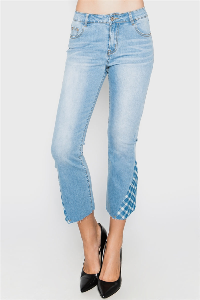 PLAID CONTRAST KICK FLARE CROPPED JEANS - Shop Cancelled Goods