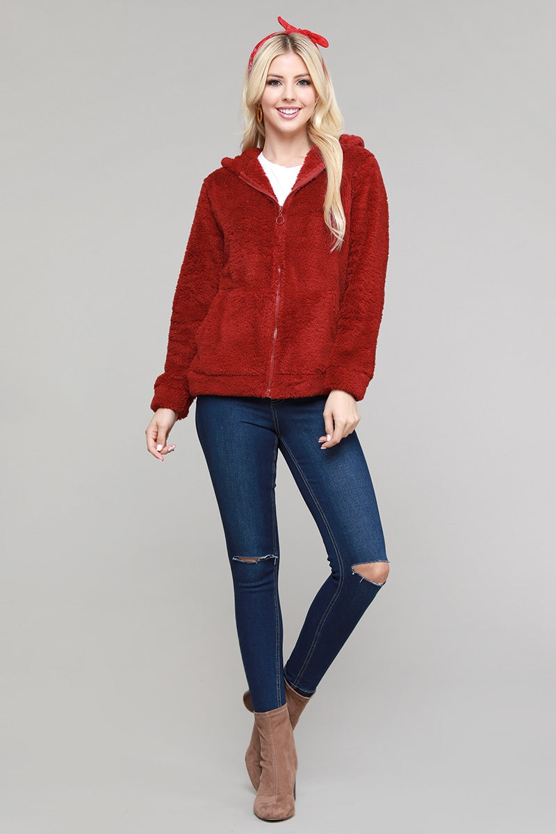 Faux fur Teddy bear zip up Cardigan hoodie jacket burgundy