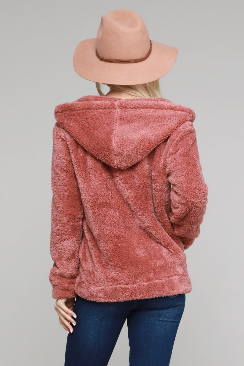 Faux fur Teddy bear zip up Cardigan hoodie jacket Mauve